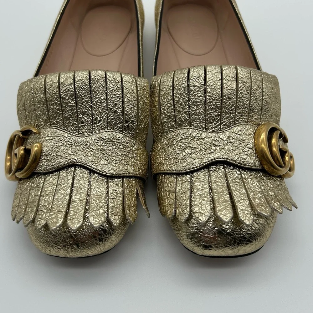 Gucci Gold Galassia Platino GG Marmont Fringe Ballet Flats Loafers Size 36.5 - Picture 3 of 11